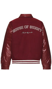 House of Sunny Vinyl Free Fallin Bomber Jacket in Burgundy