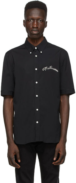 Alexander McQueen Black Poplin Embroidered Logo Short Sleeve Shirt - Alexander McQueen Black Poplin Brodé Brodé Shirt à manches courtes - Alexander McQueen 블랙 포플린 수 놓은 로고 짧은 소매 셔츠