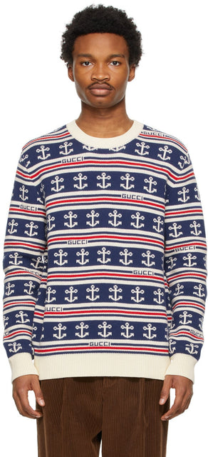 Gucci Navy Cotton Striped Sweater - Pull rayé de coton Gucci Navy - 구찌 네이비 코튼 스트라이프 스웨터