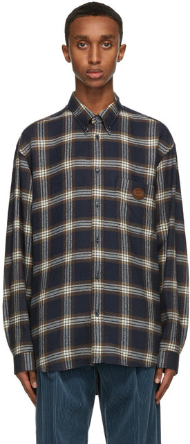 Gucci Navy Wool Check Shirt - Chemise de chèque de laine de la marine Gucci - Gucci 해군 양모 확인 셔츠