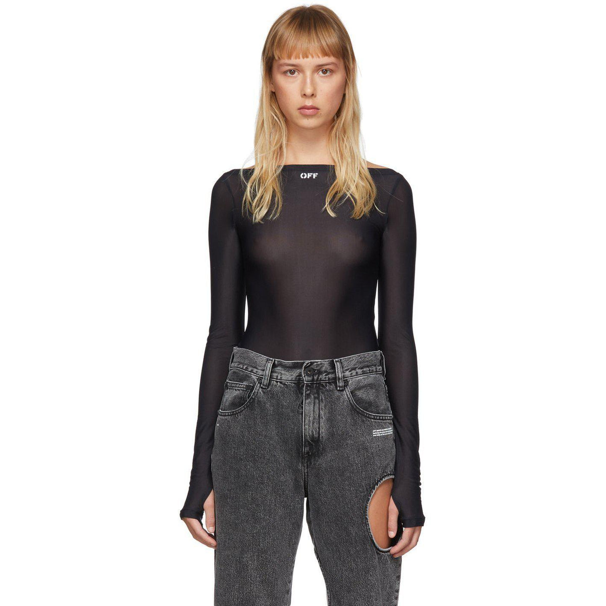Black Illusion Sheer Bodysuit by Mugler on Sale
