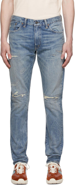 RRL Blue Slim Narrow Fit Hand-Repaired Jeans - RRL Blue Blue Slim Ajustement étroit Jeans réparés à la main - rrl 블루 슬림 좁은 손 수리 된 청바지에 적합합니다
