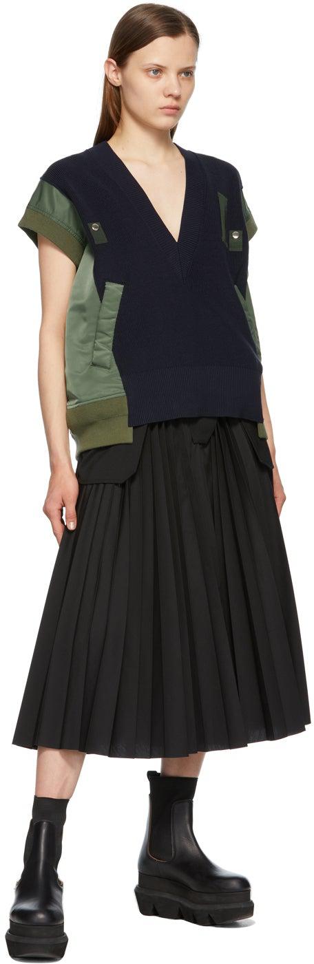 Sacai Black Poplin Pleated Skirt