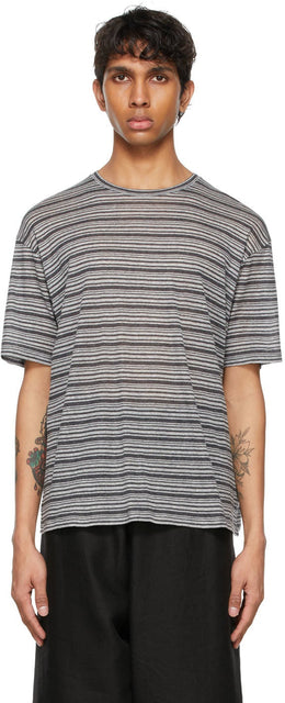 Saint Laurent Grey Striped Surfer T-Shirt - T-shirt Saint Laurent gris à rayures gris - 세인트 로렌트 그레이 스트라이프 서퍼 티셔츠