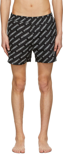 VETEMENTS Black All-Over Logo Swim Shorts - Vetements NOIR OLT ONT LOGO Swim Short - vetements 검은 색 전부 로고 수영 반바지