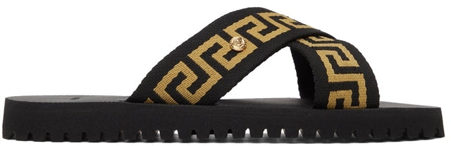 Versace Black Nastro Greca Cross Strap Sandals - Versace Noir Nastro Greca Sandales de Bracelet croix - 베르사체 블랙 Nastro Greca 크로스 스트랩 샌들