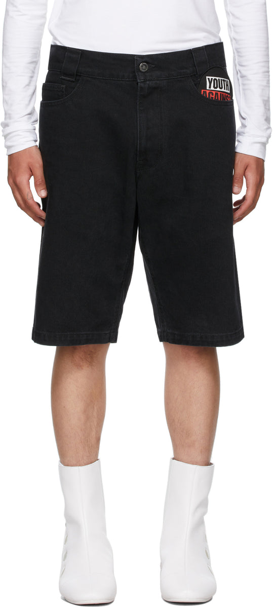 Raf Simons Black Denim Picture Patch Workwear Shorts