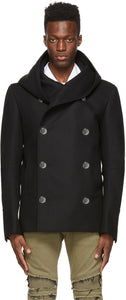 Balmain Black Wool Hooded Pea Coat - Manteau de pois à capuche en laine noire Balmain - Balmain 검은 양모 후드 완두콩 코트