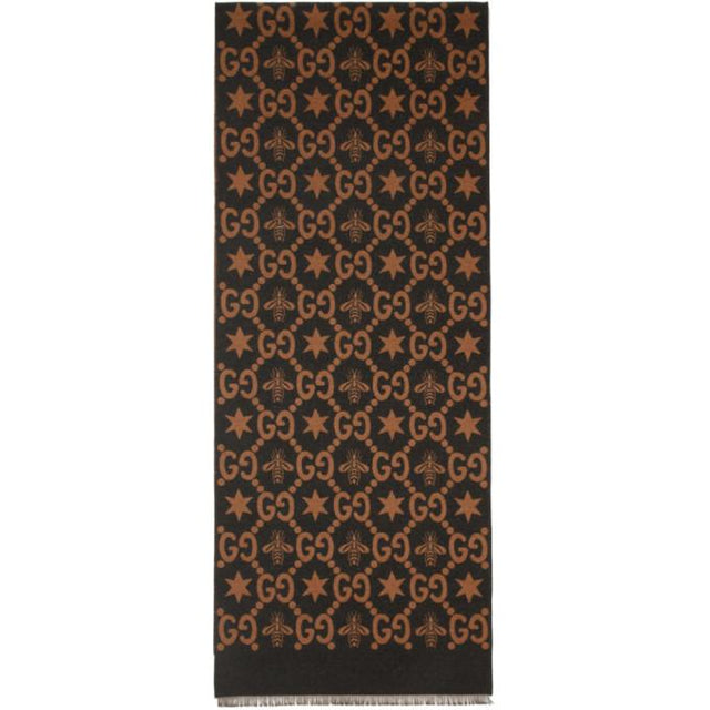 Gucci Brown and Grey Jacquard Bees and Stars GG Scarf