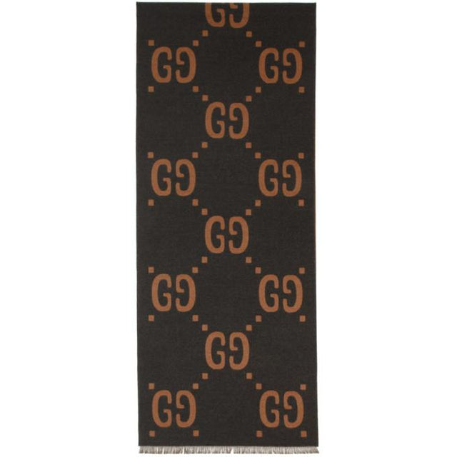 Gucci Grey and Brown Wool GG Scarf