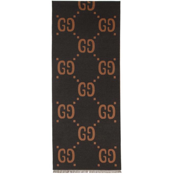 Gucci Grey and Brown Wool GG Scarf