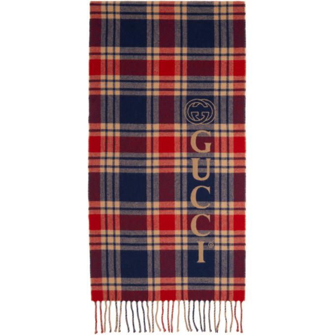 Gucci Navy and Beige Wool Check Logo Scarf
