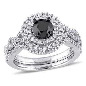 1 1/2ctw Black Diamond and Diamond Double Halo Engagement and Wedding Ring Bridal Set - Size 4.5