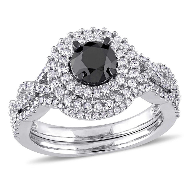 1 1/2ctw Black Diamond and Diamond Double Halo Engagement and Wedding Ring Bridal Set - Size 4.5