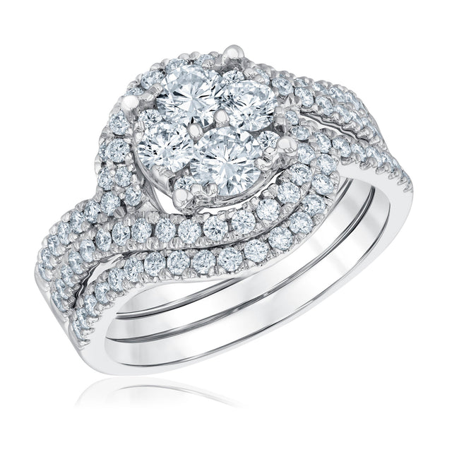 1 1/2ctw Diamond Cluster Halo White Gold Engagement Ring and Wedding Band Bridal Set - Harmony Collection