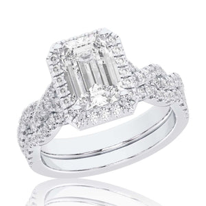 1 1/2ctw Emerald Lab Grown Diamond Halo Twist Band White Gold Engagement and Wedding Ring Bridal Set - Size 5