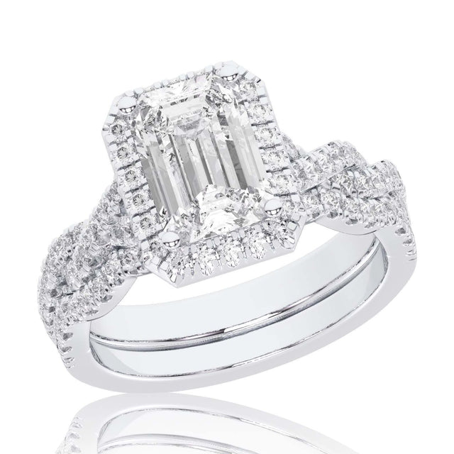 1 1/2ctw Emerald Lab Grown Diamond Halo Twist Band White Gold Engagement and Wedding Ring Bridal Set - Size 5