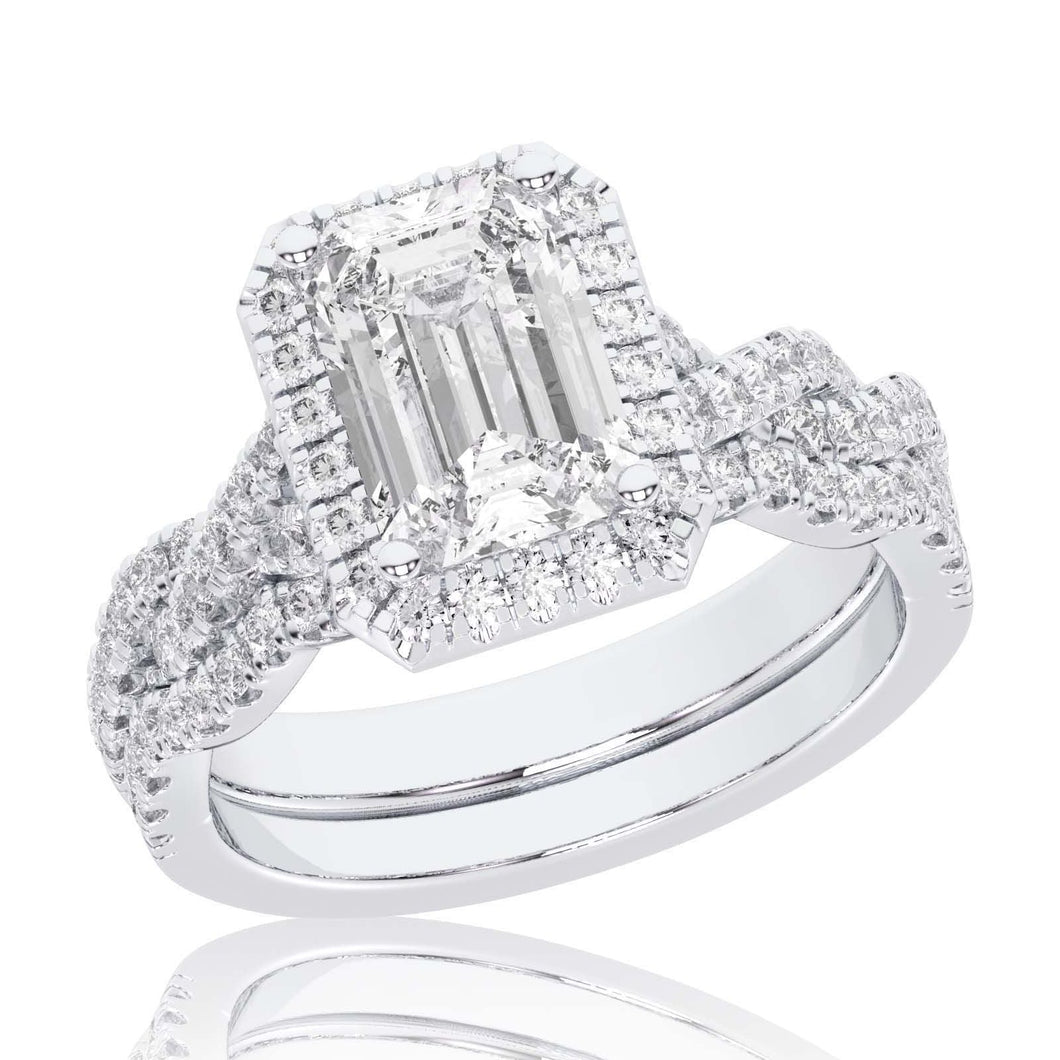 1 1/2ctw Emerald Lab Grown Diamond Halo Twist Band White Gold Engagement and Wedding Ring Bridal Set - Size 5