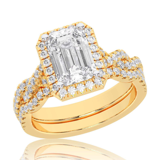 1 1/2ctw Emerald Lab Grown Diamond Halo Twist Band Yellow Gold Engagement and Wedding Ring Bridal Set - Size 5
