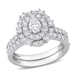 1 1/2ctw Oval Diamond Double Halo White Gold Engagement and Wedding Ring Set - Size 6.5