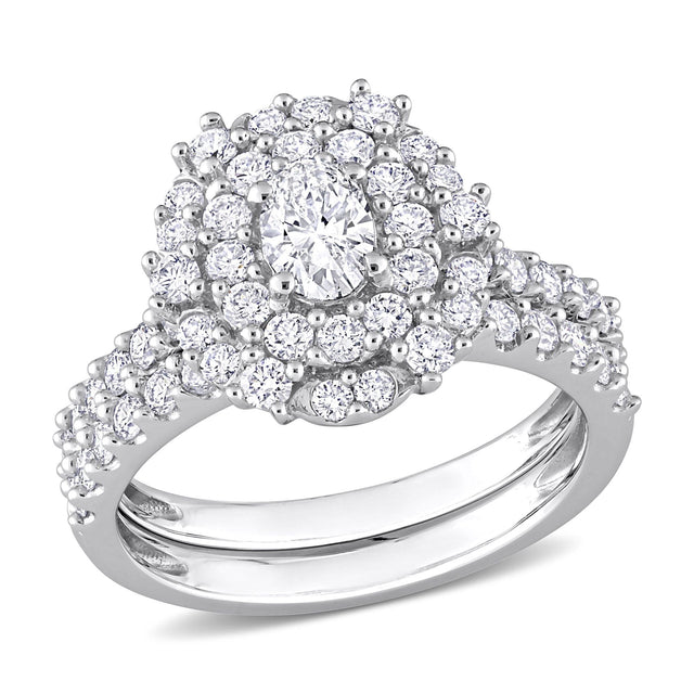 1 1/2ctw Oval Diamond Double Halo White Gold Engagement and Wedding Ring Set - Size 6.5