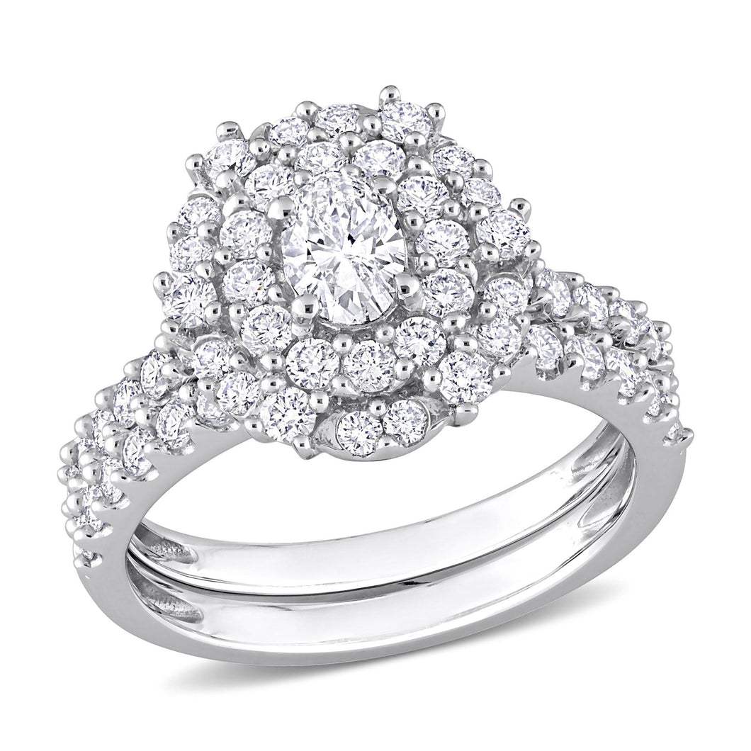 1 1/2ctw Oval Diamond Double Halo White Gold Engagement and Wedding Ring Set - Size 6.5