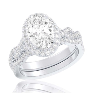1 1/2ctw Oval Lab Grown Diamond Halo Twist Band White Gold Engagement and Wedding Ring Bridal Set - Size 5