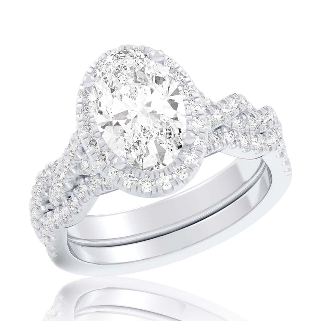 1 1/2ctw Oval Lab Grown Diamond Halo Twist Band White Gold Engagement and Wedding Ring Bridal Set - Size 5