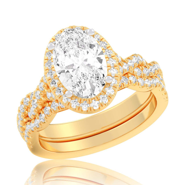1 1/2ctw Oval Lab Grown Diamond Halo Twist Band Yellow Gold Engagement and Wedding Ring Bridal Set - Size 5