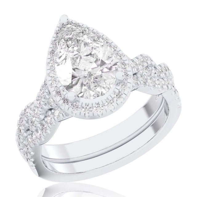 1 1/2ctw Pear Lab Grown Diamond Halo Twist Band White Gold Engagement and Wedding Ring Bridal Set - Size 5