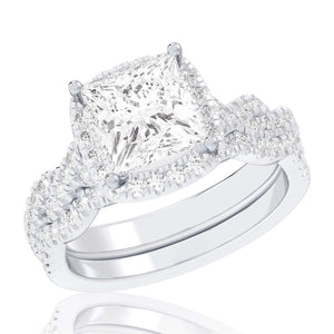 1 1/2ctw Princess Lab Grown Diamond Halo Twist Band White Gold Engagement and Wedding Ring Bridal Set - Size 5