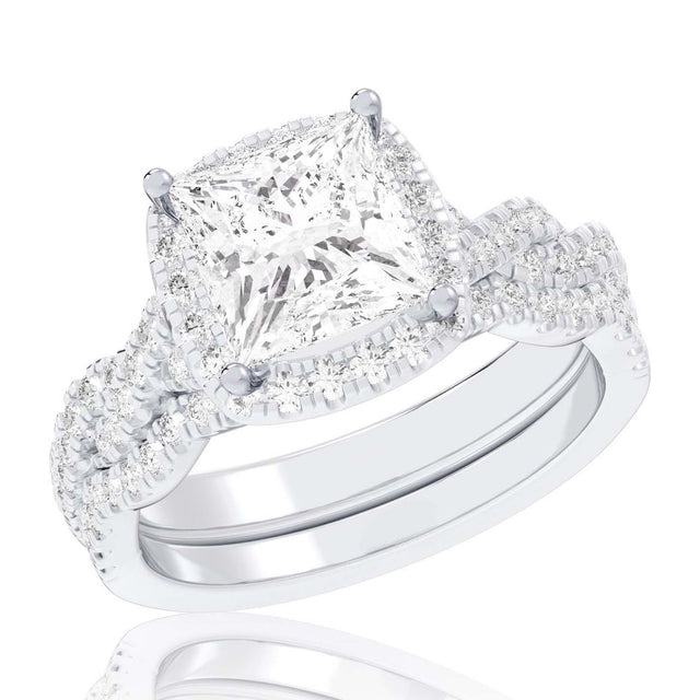 1 1/2ctw Princess Lab Grown Diamond Halo Twist Band White Gold Engagement and Wedding Ring Bridal Set - Size 5