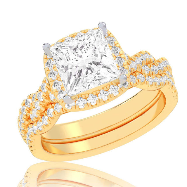 1 1/2ctw Princess Lab Grown Diamond Halo Twist Band Yellow Gold Engagement and Wedding Ring Bridal Set - Size 5