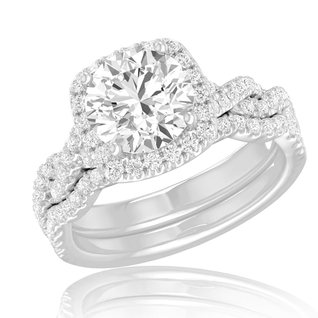 1 1/2ctw Round Lab Grown Diamond Halo Twist Band White Gold Engagement and Wedding Ring Bridal Set - Size 5