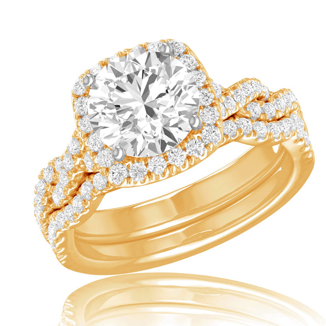 1 1/2ctw Round Lab Grown Diamond Halo Twist Band Yellow Gold Engagement and Wedding Ring Bridal Set - Size 5