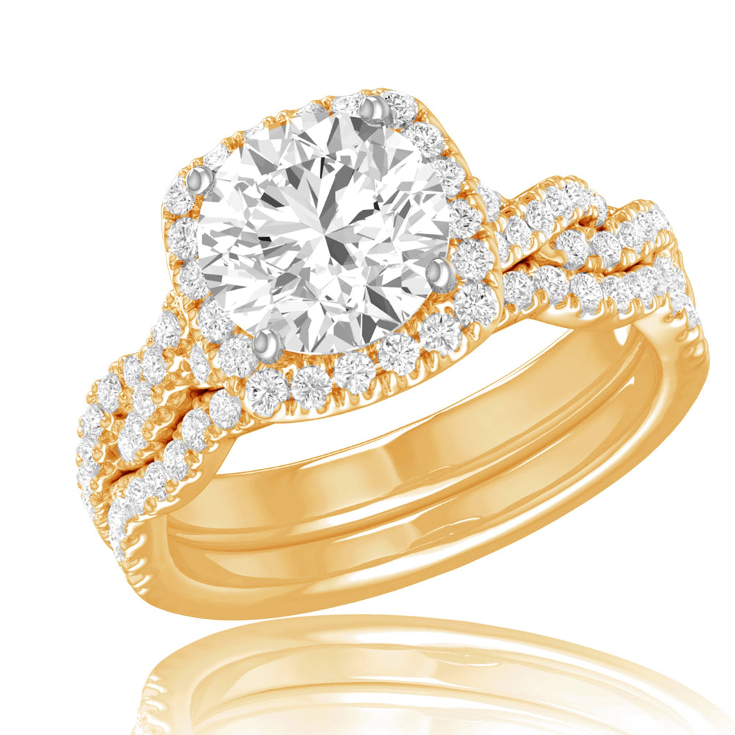 1 1/2ctw Round Lab Grown Diamond Halo Twist Band Yellow Gold Engagement and Wedding Ring Bridal Set - Size 5