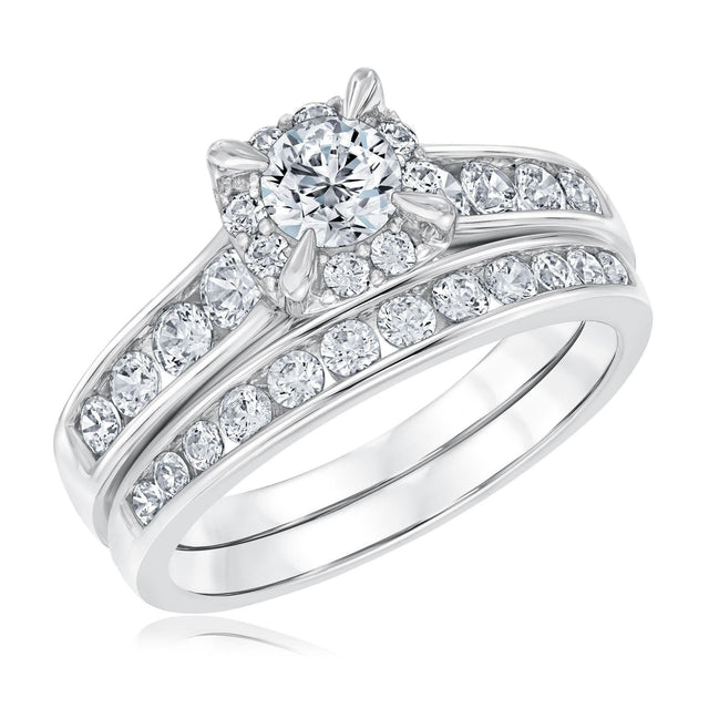 1 1/3ctw Diamond Blooming Halo Channel-Set White Gold Engagement and Wedding Ring Bridal Set | Timeless Collection