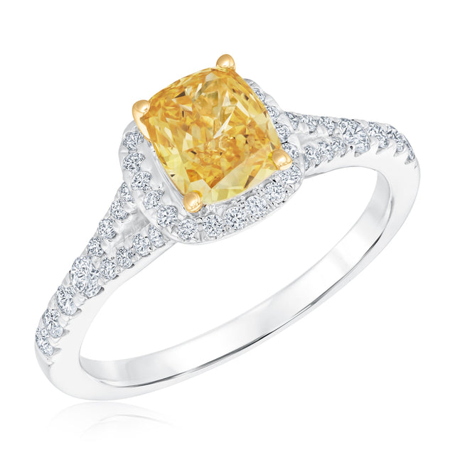 1 1/3ctw Yellow Cushion-Shaped Lab Grown Diamond Halo White Gold Engagement Ring