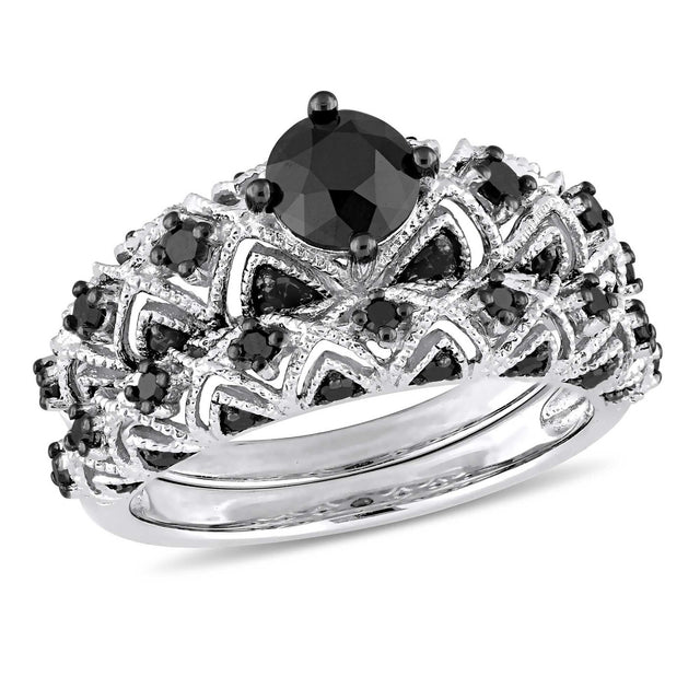 1 1/4ctw Black Diamond Vintage Inspired Lattice Engagement and Wedding Ring Bridal Set - Size 9.5