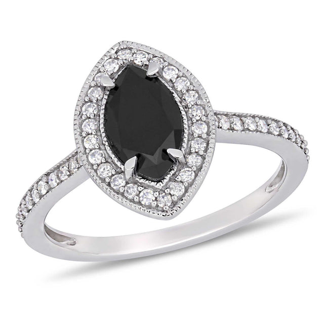 1 1/4ctw Marquise Black Diamond and Diamond Halo White Gold Engagement Ring - Size 7.5