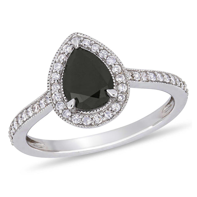 1 1/4ctw Pear Black Diamond and Diamond Halo White Gold Engagement Ring - Size 7.5