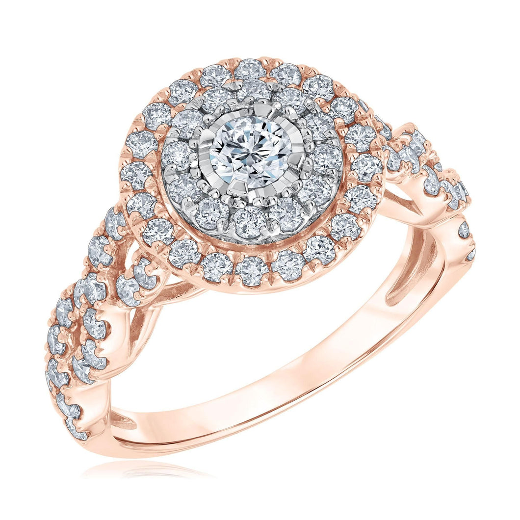 1 1/4ctw Round Diamond Double Halo Twist Rose Gold Engagement Ring - Glow Collection