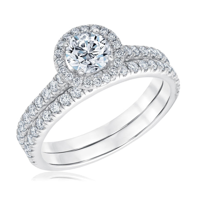 1 1/4ctw Round Lab Grown Diamond Halo Engagement and Wedding Ring Bridal Set