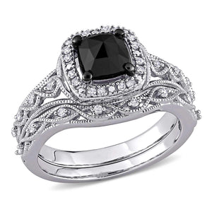 1 1/5ctw Cushion Black Diamond and Diamond White Gold Engagement and Wedding Ring Bridal Set - Size 5