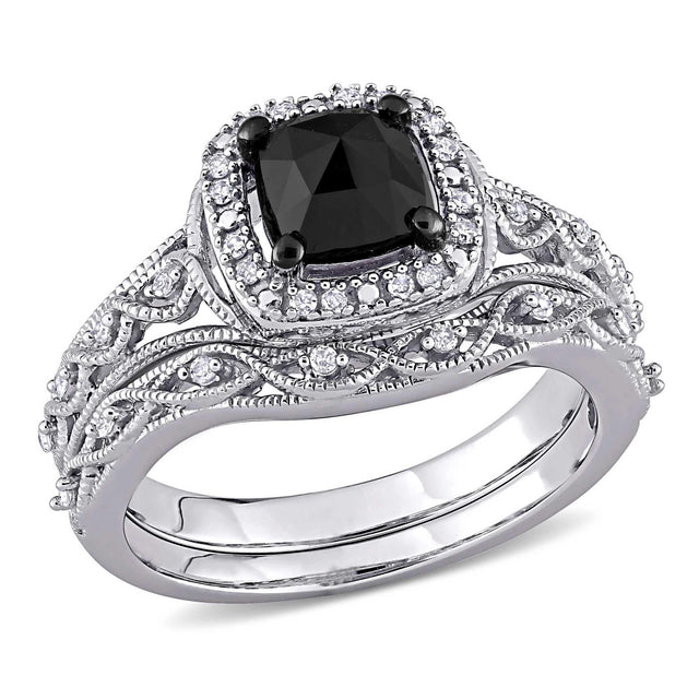 1 1/5ctw Cushion Black Diamond and Diamond White Gold Engagement and Wedding Ring Bridal Set - Size 5