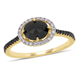 1 1/5ctw Oval Black Diamond and Diamond Halo Yellow Gold Engagement Rin - Size 5.5