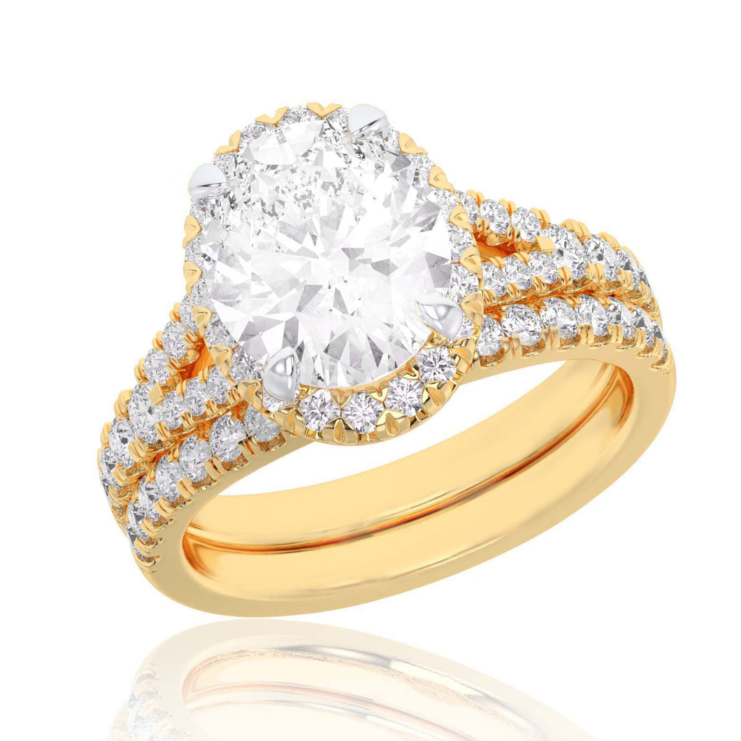 1 5/8ctw Oval Lab Grown Diamond Halo Yellow Gold Engagement and Wedding Ring Bridal Set - Size 5