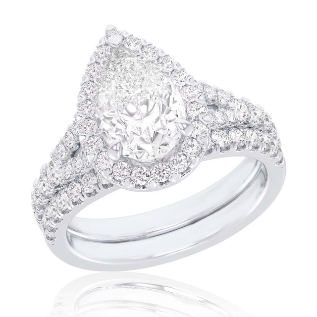 1 5/8ctw Pear Lab Grown Diamond Halo White Gold Engagement and Wedding Ring Bridal Set - Size 5