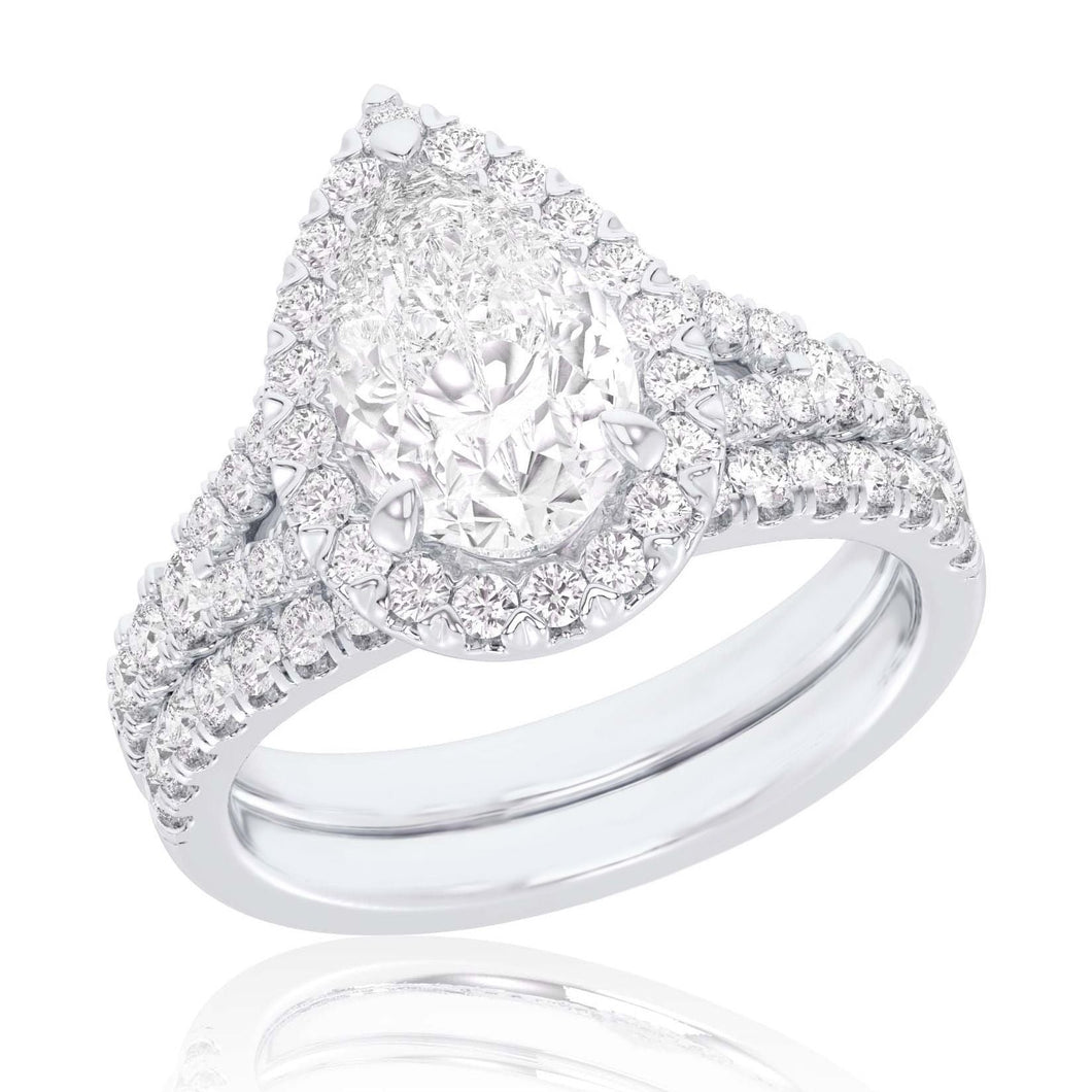 1 5/8ctw Pear Lab Grown Diamond Halo White Gold Engagement and Wedding Ring Bridal Set - Size 5