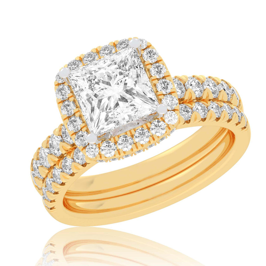 1 5/8ctw Princess Lab Grown Diamond Halo Yellow Gold Engagement and Wedding Ring Bridal Set - Size 5